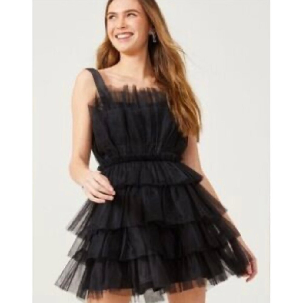 STORIA Solid Black Sleeveless Satin Strap Layered Tulle Mini Length Dress NWT M